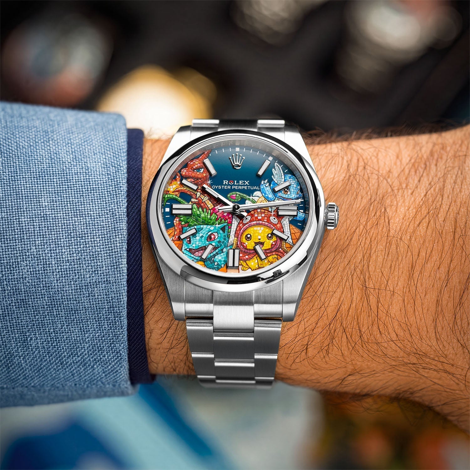 Dream Team Concept: Evolution — Hand-painted bespoke timepiece featuring four colorful pop art figures rendered in glittering mosaic-tile style on a blue 41mm custom automatic dial by IFL Watches
