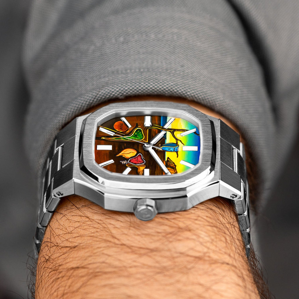 MAEN Manhattan Memento — Side profile on the wrist showing the octagonal steel case, crown and integrated bracelet links beneath the hand-painted custom dial, a bespoke timepiece by IFL Watches.