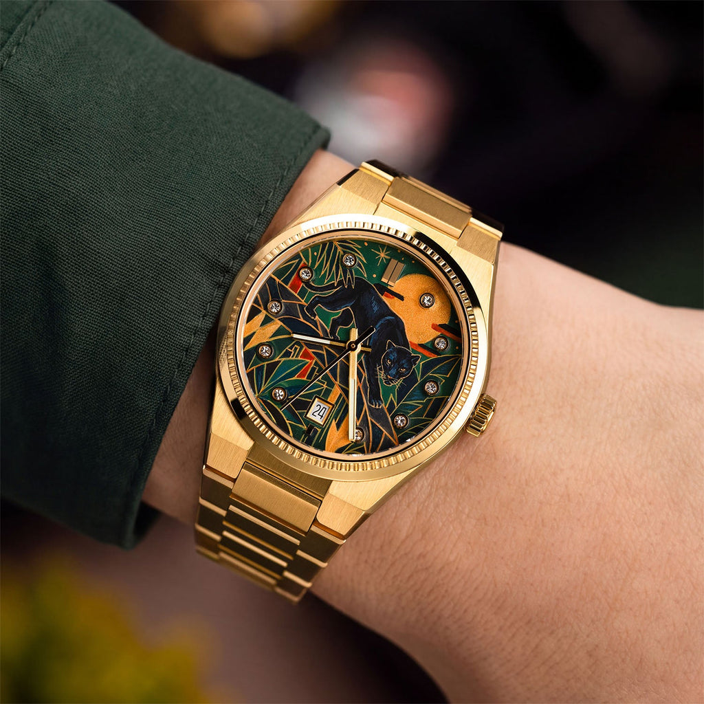 Festina Rive Monarch — Hand-painted custom dial where a black panther crosses an Art Deco landscape in deep emerald beneath an amber moon, crystal-set dot markers around the edge, on a 35mm gold-tone case with fluted bezel and matching bracelet, a bespoke timepiece by IFL Watches.