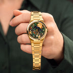 Festina Rive Monarch — Hand-painted custom dial where a black panther crosses an Art Deco landscape in deep emerald beneath an amber moon, crystal-set dot markers around the edge, on a 35mm gold-tone case with fluted bezel and matching bracelet, a bespoke timepiece by IFL Watches.