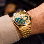 Festina Rive Space Ollie — Gold-tone case and integrated bracelet on the wrist, angled to show a hand-painted planet sweeping across the custom dial, a bespoke timepiece by IFL Watches.