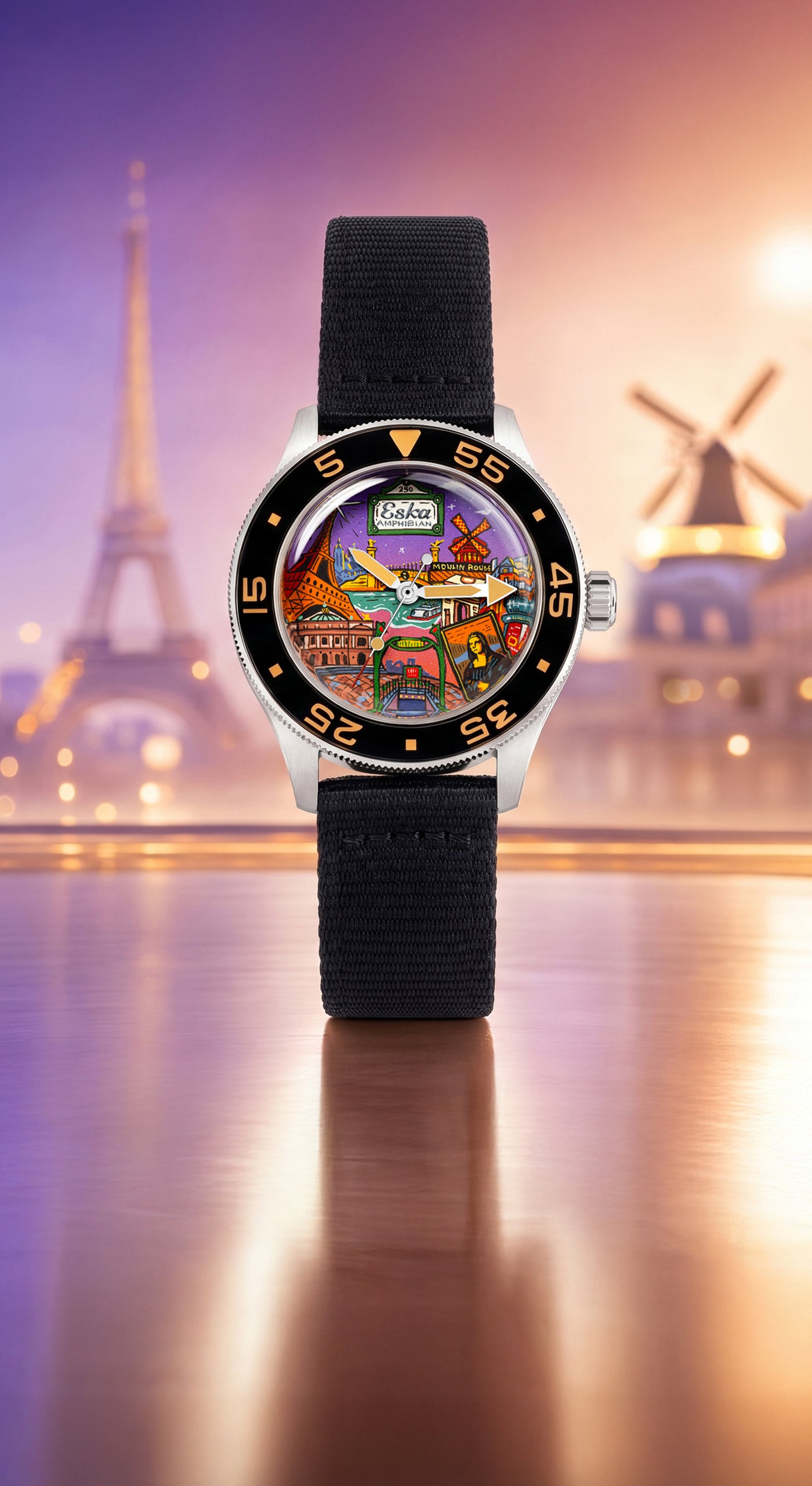 ESKA Amphibian Cœur de Paris — Hand-painted cityscape of the French capital with the Seine, Eiffel Tower and Sacré-Cœur beneath a violet-to-rose evening sky, official collaboration limited edition timepiece by IFL Watches.