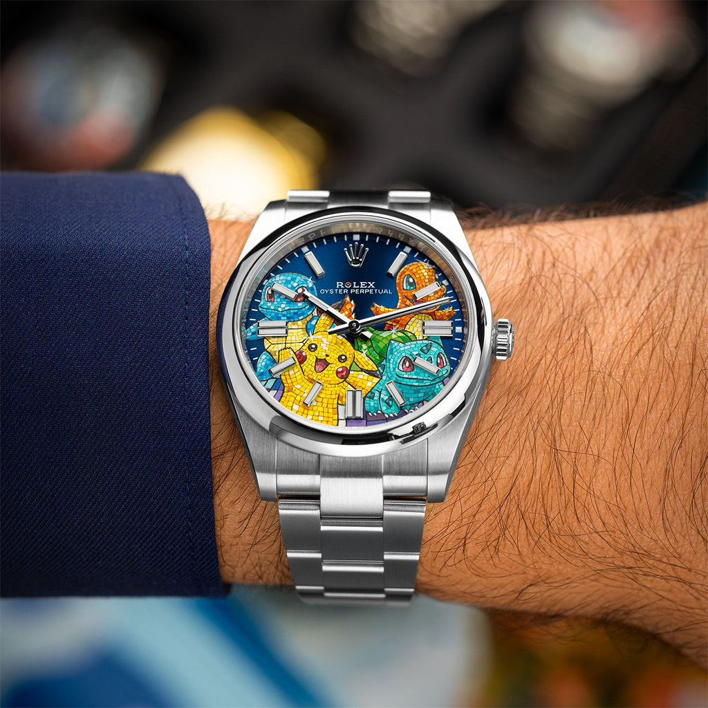 Dream Team Concept — Hand-painted bespoke timepiece featuring four colorful pop art figures rendered in glittering mosaic-tile style on a deep blue 41mm custom automatic dial by IFL Watches