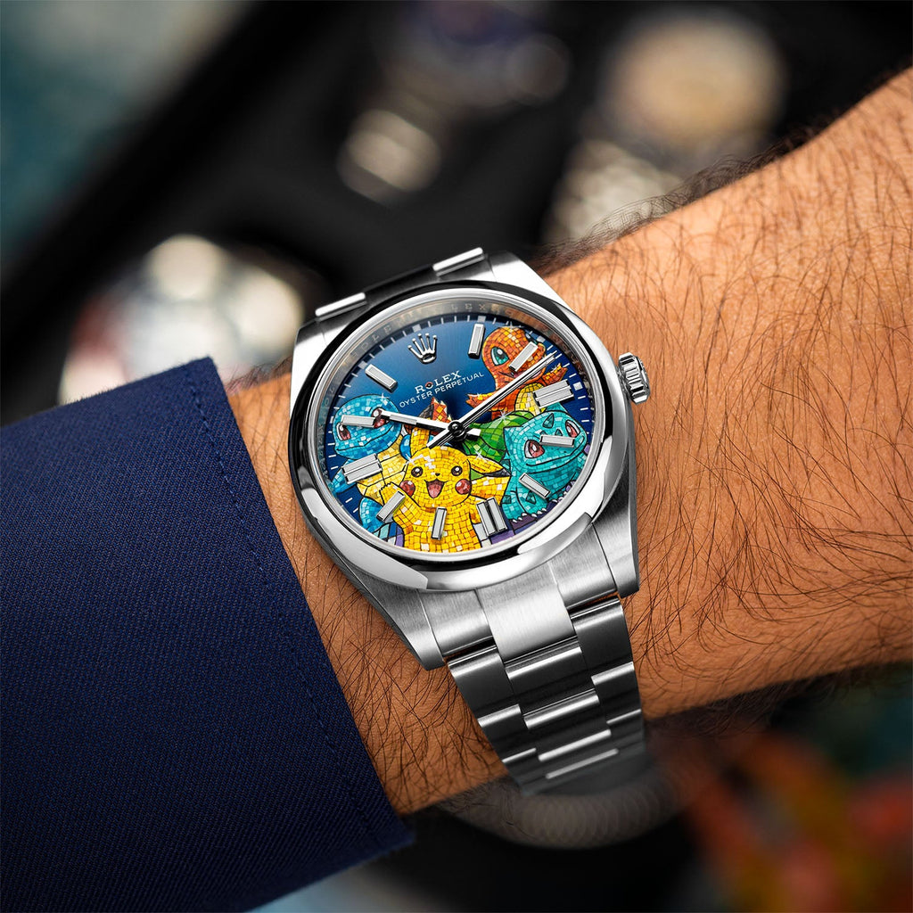 Dream Team Concept — Hand-painted bespoke timepiece featuring four colorful pop art figures rendered in glittering mosaic-tile style on a deep blue 41mm custom automatic dial by IFL Watches