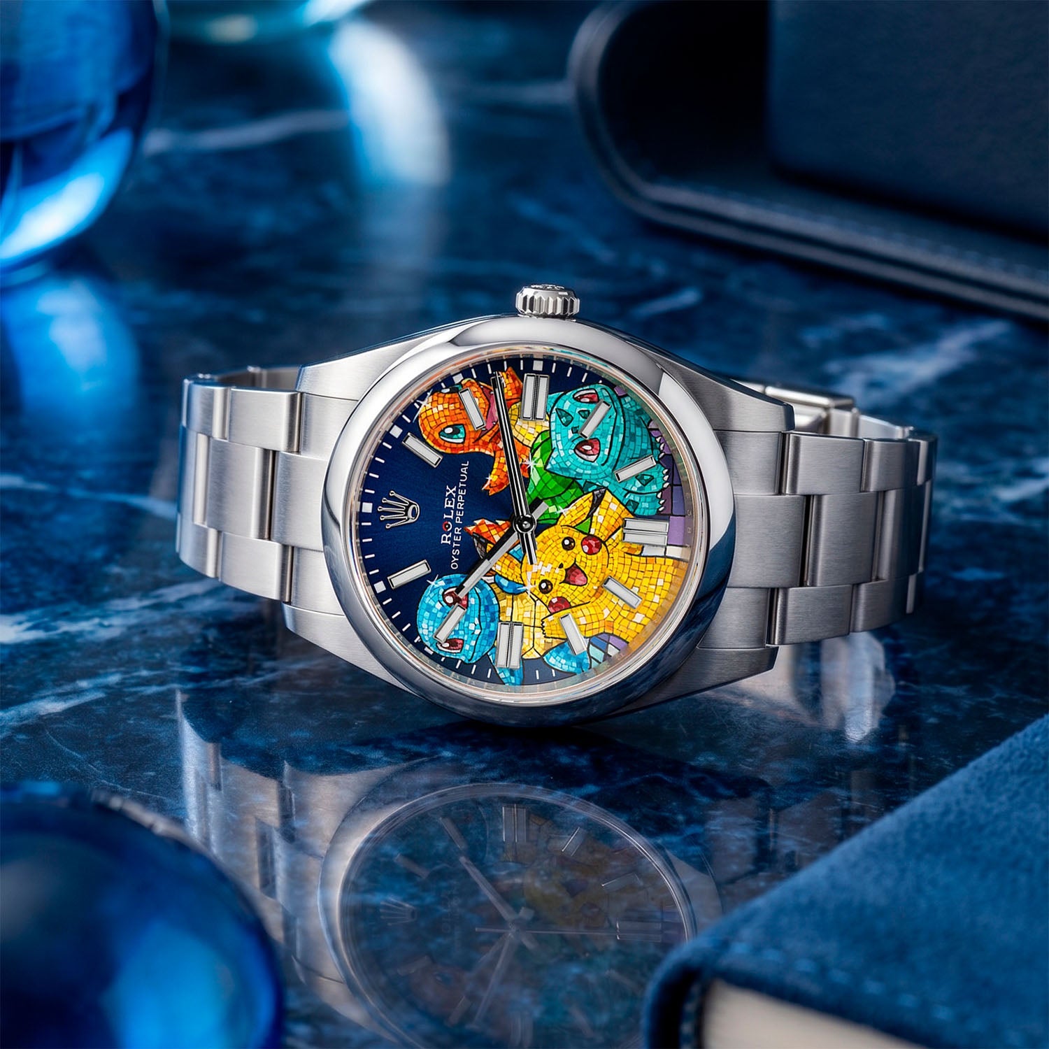 Dream Team Concept — Hand-painted bespoke timepiece featuring four colorful pop art figures rendered in glittering mosaic-tile style on a deep blue 41mm custom automatic dial by IFL Watches