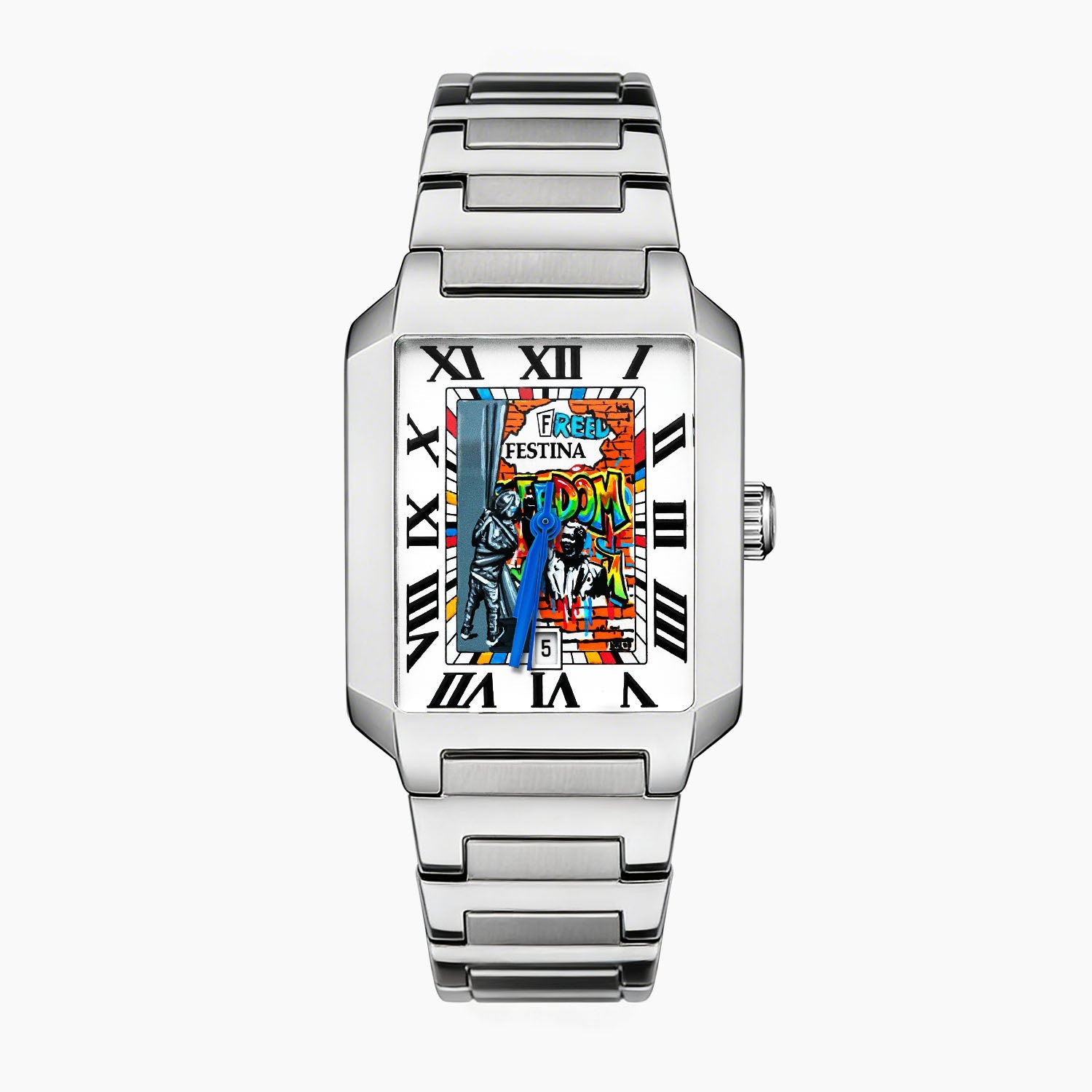 Festina Freedom 36 mm on wrist — hand-painted street-art dial featuring colorful “FREEDOM” graffiti lettering, stencil figures, and orange brick-wall artwork on a rectangular stainless-steel case. Limited edition by IFL Watches.