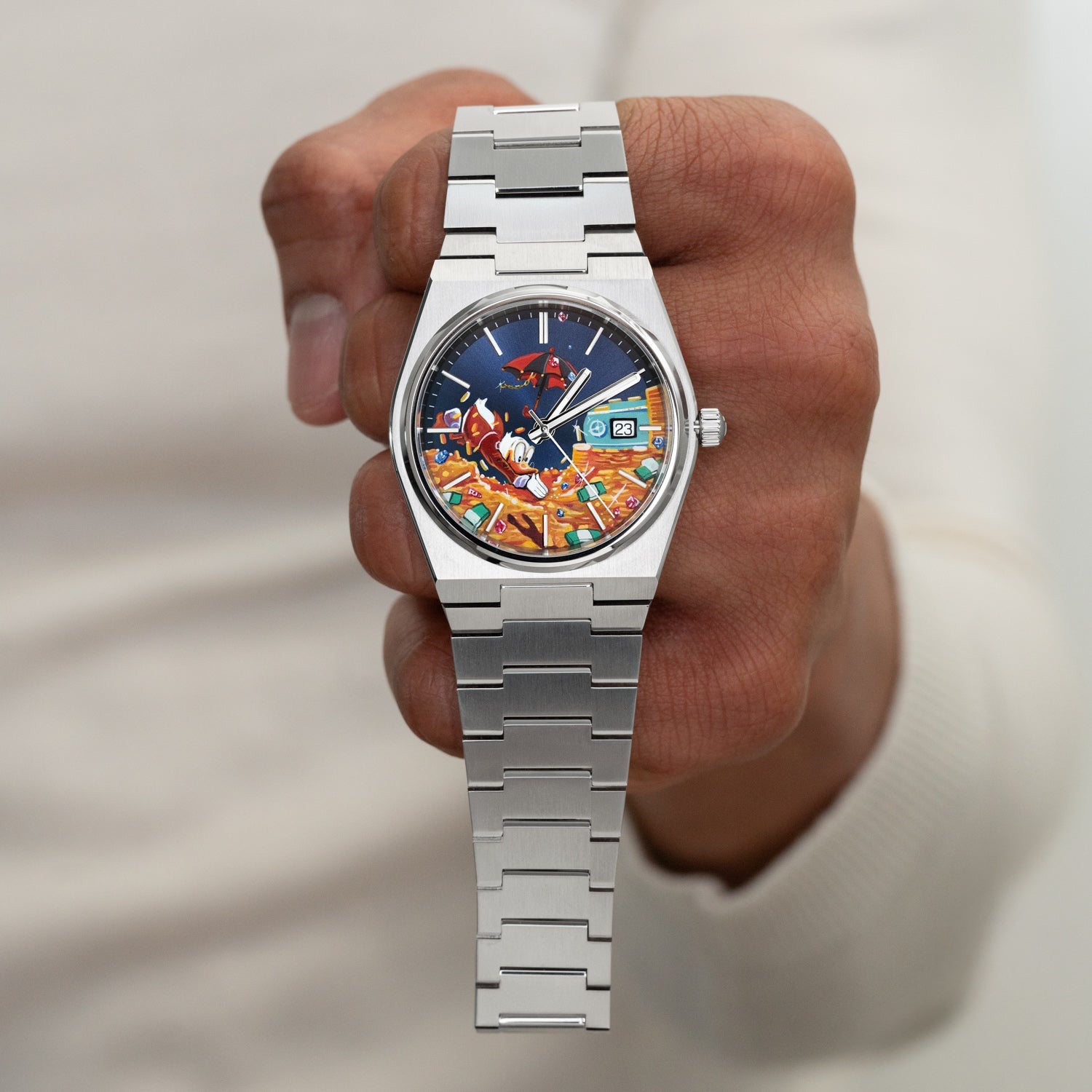 A Dive in Dime Concept – Hand-painted custom Tissot PRX featuring treasure vault diving artwork, a bespoke timepiece by IFL Watches