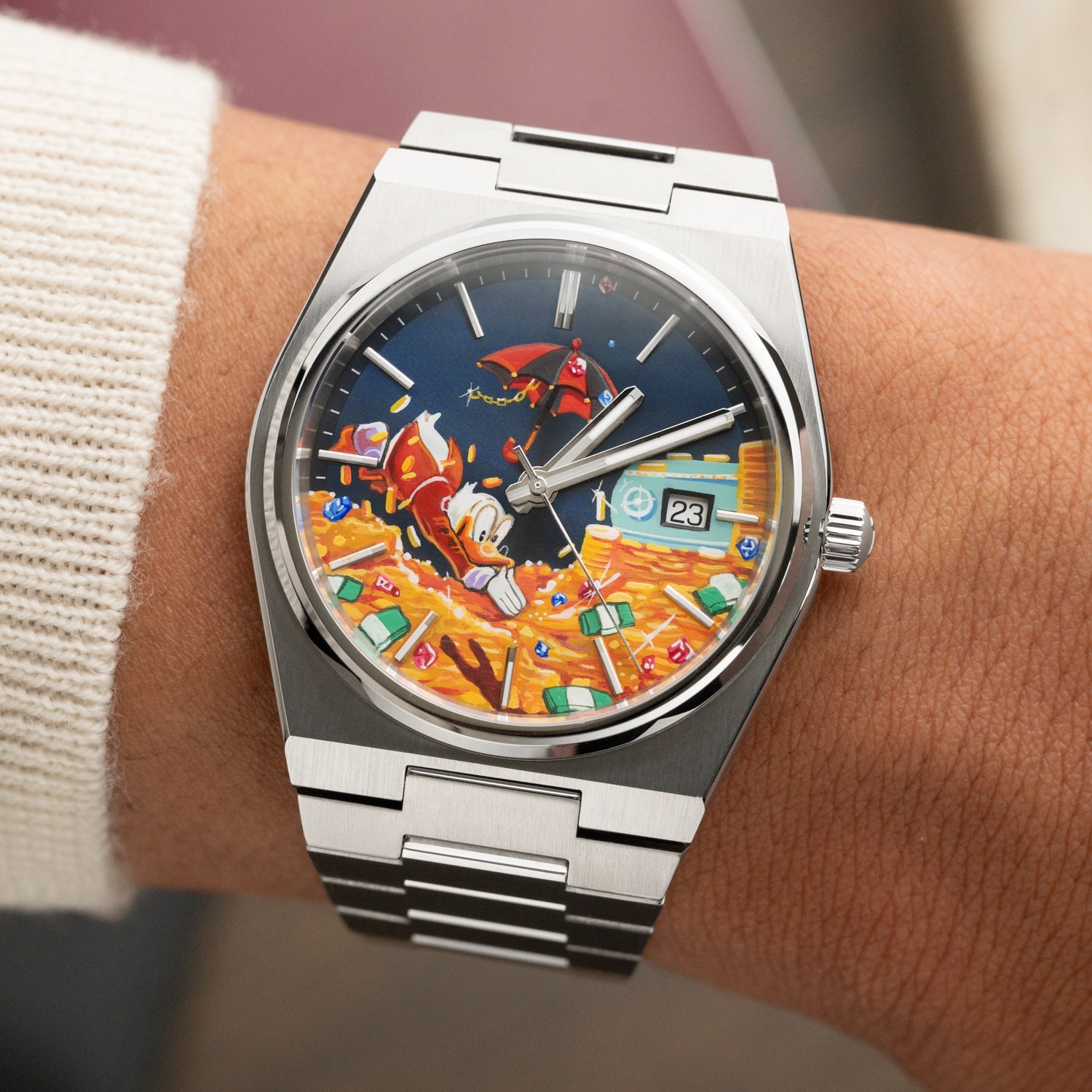 A Dive in Dime Concept – Hand-painted custom Tissot PRX featuring treasure vault diving artwork, a bespoke timepiece by IFL Watches