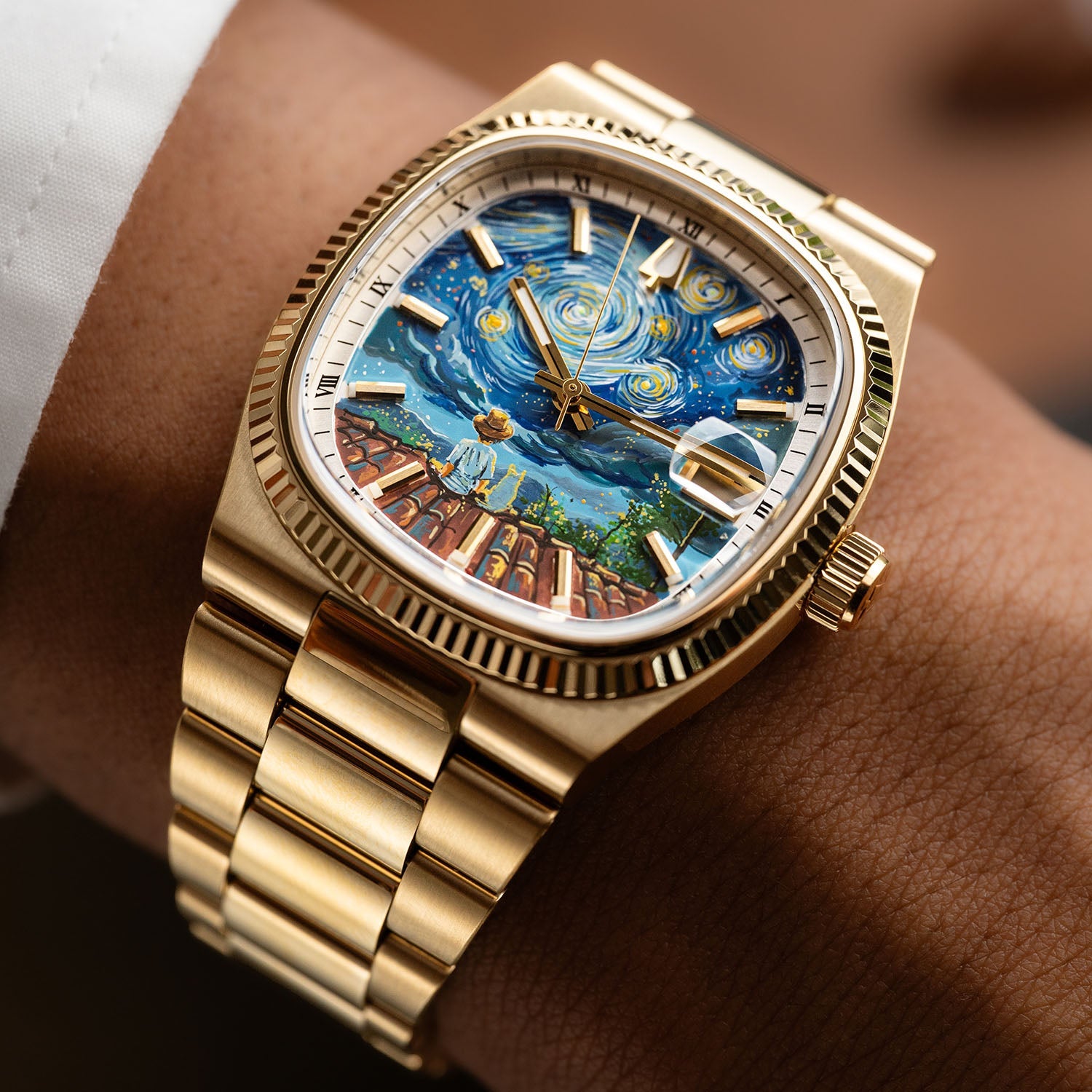 Bulova Super Seville Starry Night – Hand-painted custom Van Gogh inspired dial with rooftop scene on gold-tone 38mm case – Limited Edition bespoke timepiece by IFL Watches