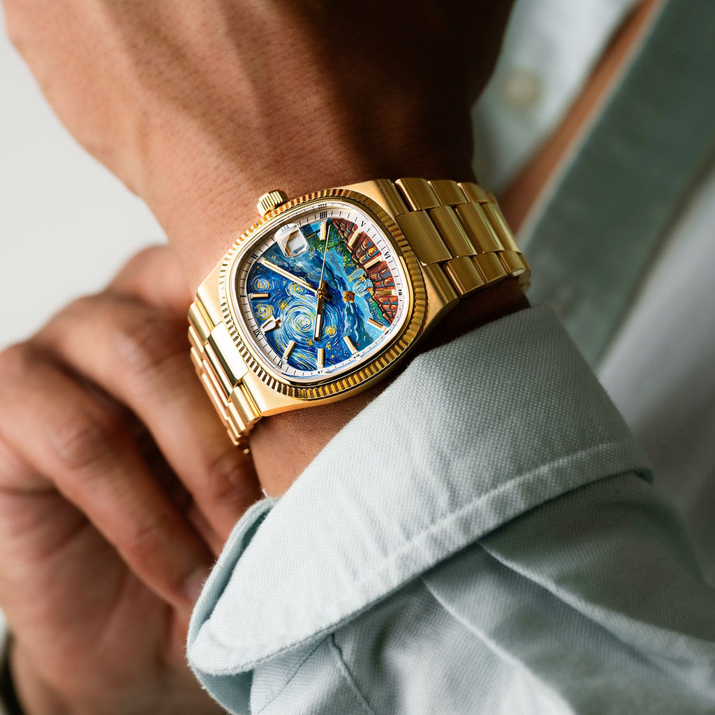 Bulova Super Seville Starry Night – Hand-painted custom Van Gogh inspired dial with rooftop scene on gold-tone 38mm case – Limited Edition bespoke timepiece by IFL Watches