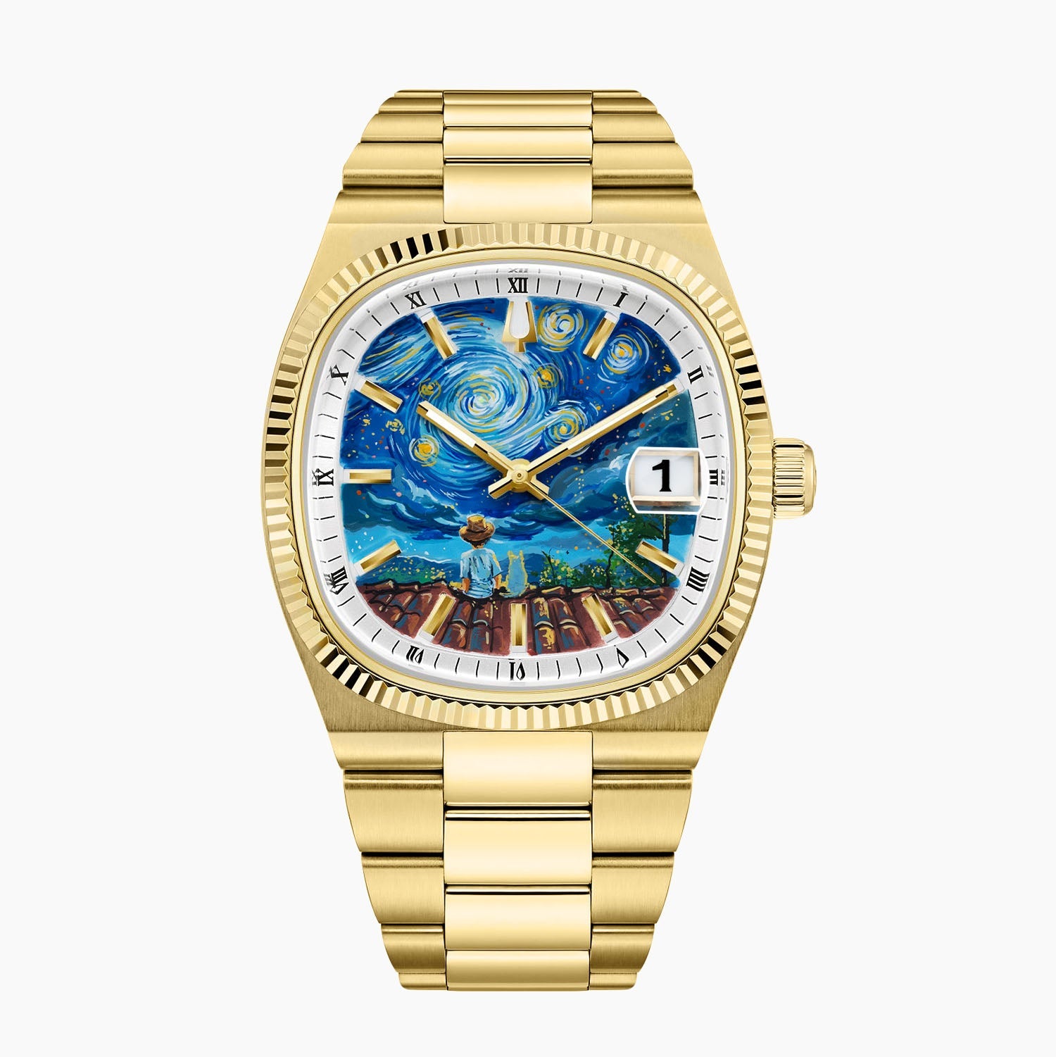 Bulova Super Seville Starry Night – Hand-painted custom Van Gogh inspired dial with rooftop scene on gold-tone 38mm case – Limited Edition bespoke timepiece by IFL Watches