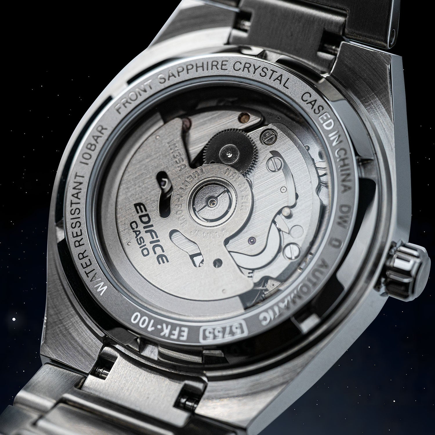 Casio Edifice Cosmic Collection caseback displaying Seiko NH35A automatic movement with 24 jewels and precision engineering – IFL Watches