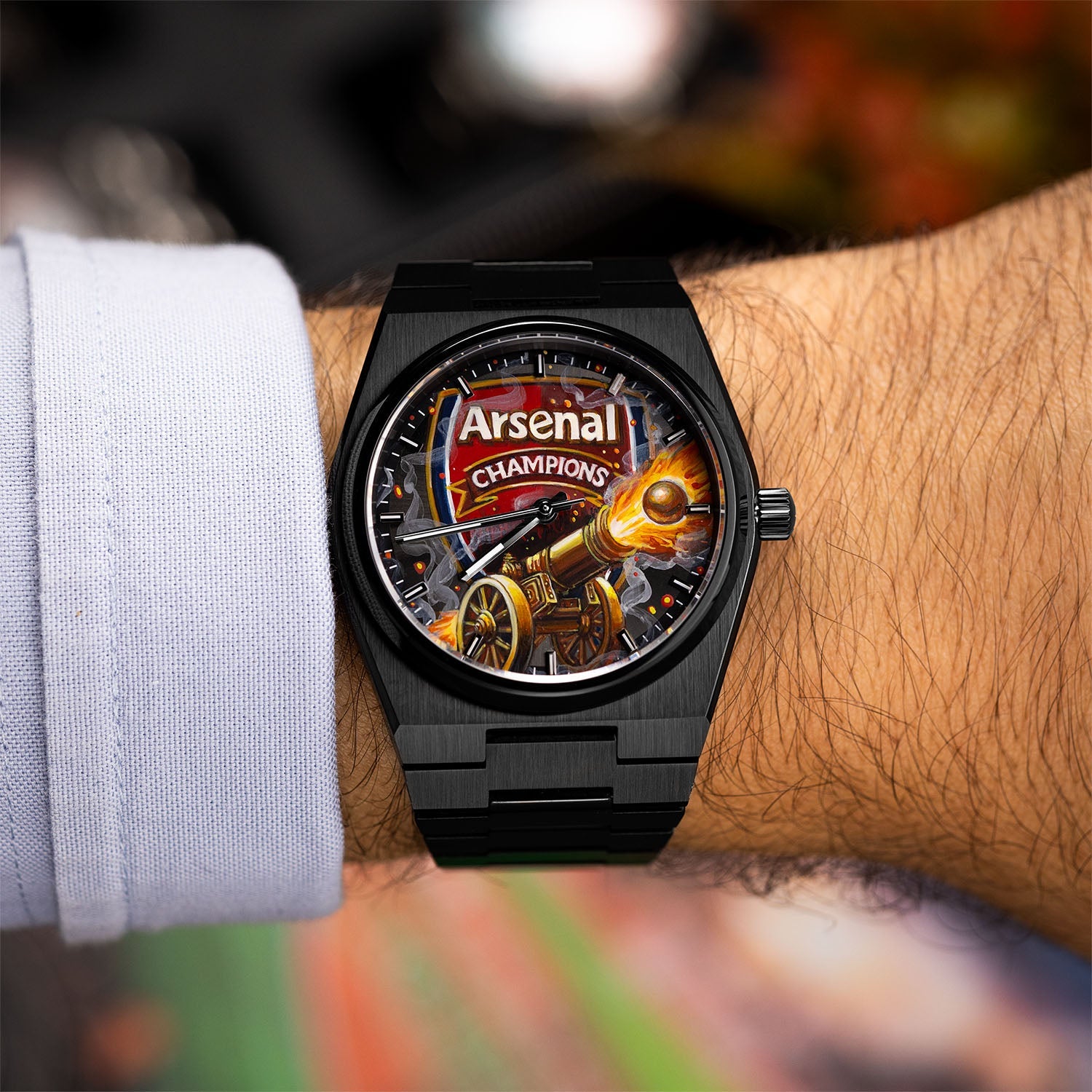 IFL Canvax Gunners — Hand-painted football crest with flame detailing on a 40mm automatic, customized by IFL Watches.