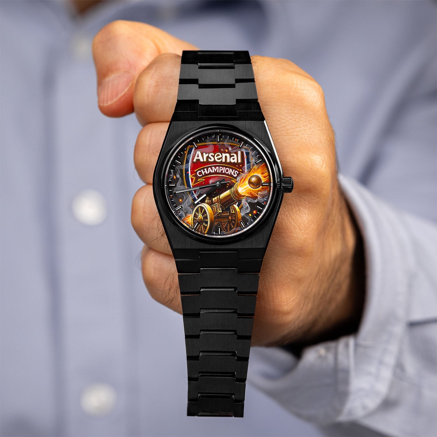 IFL Canvax Gunners — Integrated stainless steel bracelet on a hand-painted custom Canvax, a bespoke timepiece by IFL Watches.