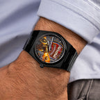 IFL Canvax Gunners — Hand-painted cannon and flame artwork rendered in relief on a matte black automatic, customized by IFL Watches.