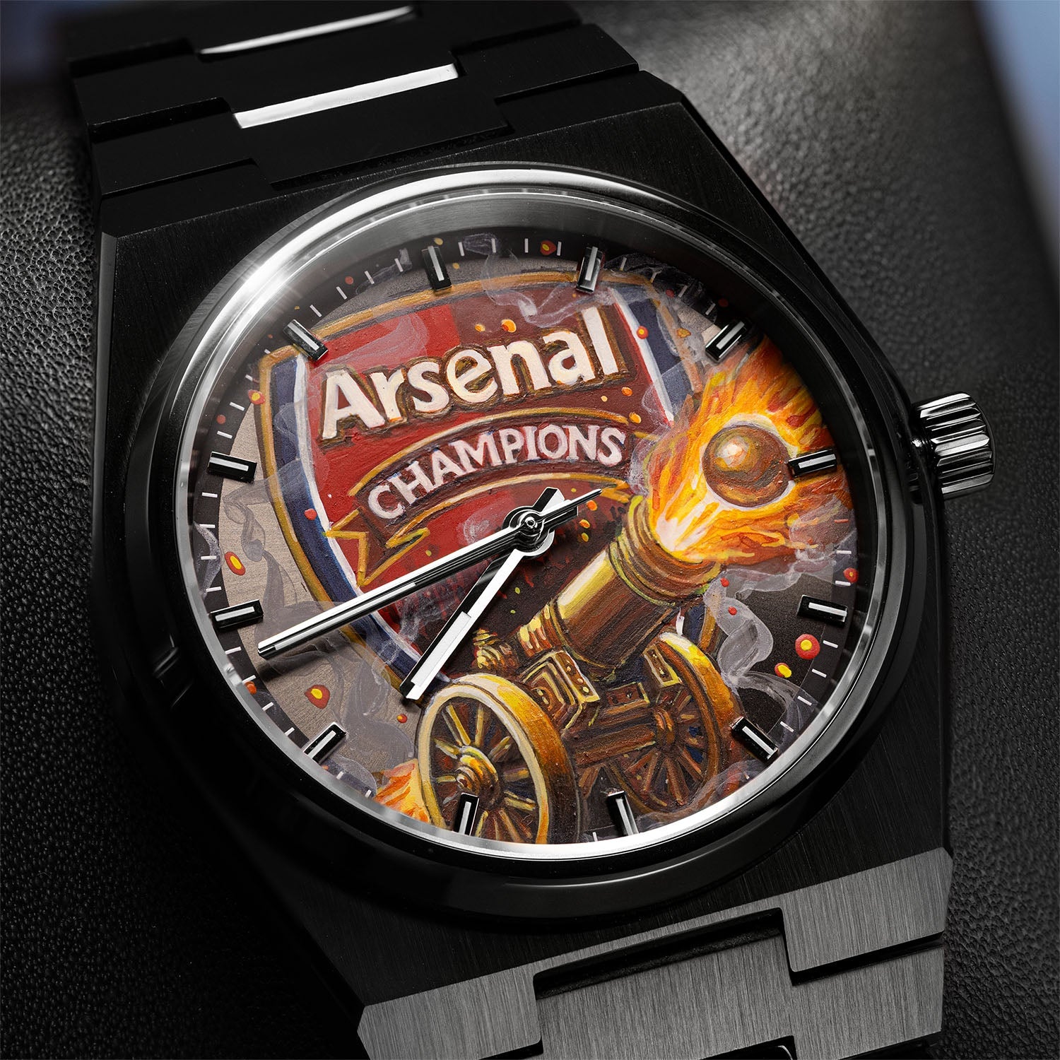 IFL Canvax Gunners — Close view of the hand-painted dial, a golden cannon amid smoke and embers, a custom timepiece by IFL Watches.