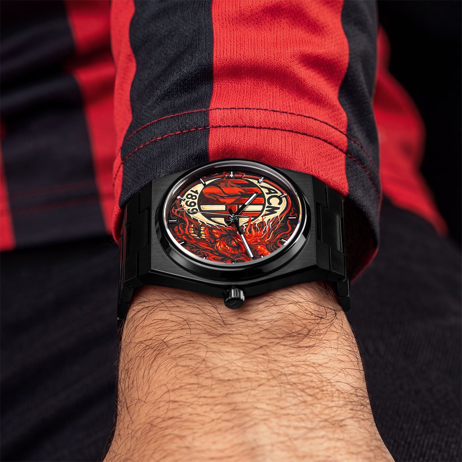 IFL Canvax Rossoneri — Matte black stainless steel case framing a hand-painted crest dial, a bespoke timepiece by IFL Watches.