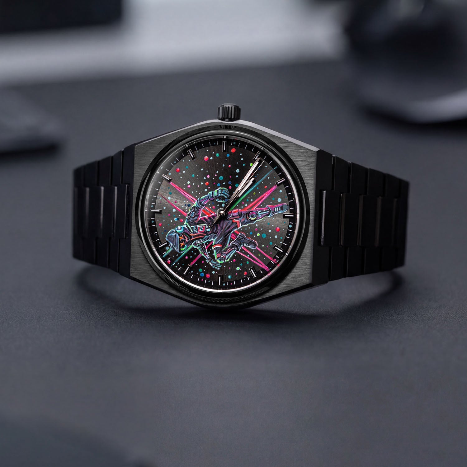 IFL Watches Canvax MK-01 – Hand-painted custom Canvax featuring neon steampunk soldier artwork, a bespoke timepiece by IFL Watches