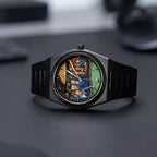 IFL Canvax Off the Record — Hand-painted custom Canvax featuring the world's most recognizable figures around a green billiard table in a warmly lit lounge, on a 40mm black matte automatic, a bespoke timepiece by IFL Watches.