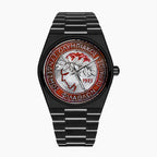 IFL Canvax Kleos — Hand-painted custom Canvax featuring a football crest with a laurel-crowned figure and the year 1925 in the red and white of Piraeus, on a 40mm black matte automatic, a bespoke timepiece by IFL Watches.