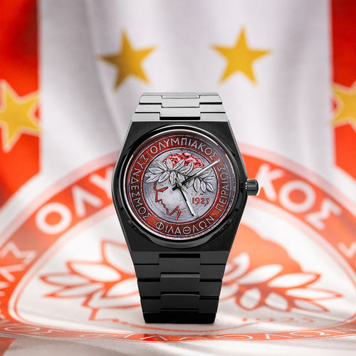 IFL Canvax Kleos — Hand-painted football crest with laurel detailing on a 40mm automatic, customized by IFL Watches.