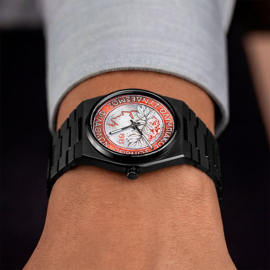 IFL Canvax Kleos — Custom Canvax with hand-painted red and white artwork on a matte black case, a bespoke creation by IFL Watches.