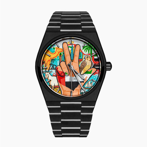 IFL Canvax UAE Unity — Hand-painted custom Canvax featuring the UAE three-finger salute with golden falcon, Arabian oryx, desert camel, and Dubai skyline on a 40mm black matte automatic, a bespoke timepiece by IFL Watches.