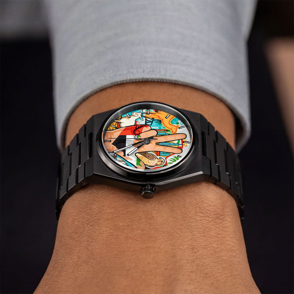IFL Canvax UAE Unity — Hand-painted custom Canvax featuring the UAE three-finger salute with golden falcon, Arabian oryx, desert camel, and Dubai skyline on a 40mm black matte automatic, a bespoke timepiece by IFL Watches.