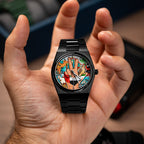 IFL Canvax UAE Unity — Hand-painted custom Canvax featuring the UAE three-finger salute with golden falcon, Arabian oryx, desert camel, and Dubai skyline on a 40mm black matte automatic, a bespoke timepiece by IFL Watches.