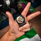 IFL Canvax UAE Unity — Hand-painted custom Canvax featuring the UAE three-finger salute with golden falcon, Arabian oryx, desert camel, and Dubai skyline on a 40mm black matte automatic, a bespoke timepiece by IFL Watches.