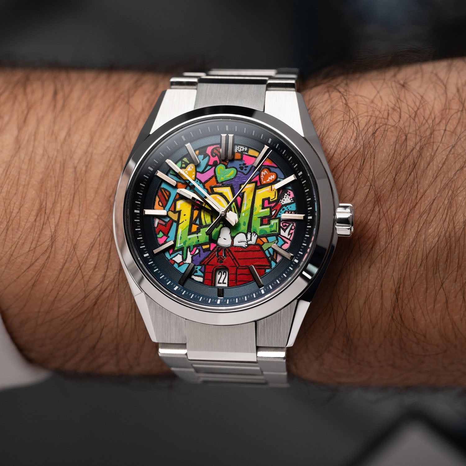  Casio Edifice Urban Dreams — Hand-painted custom Casio Edifice featuring the world's most famous beagle dreaming on his red doghouse surrounded by bold graffiti LOVE lettering and colorful street art on a 39mm automatic, a bespoke timepiece by IFL Watches