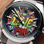  Casio Edifice Urban Dreams — Hand-painted custom Casio Edifice featuring the world's most famous beagle dreaming on his red doghouse surrounded by bold graffiti LOVE lettering and colorful street art on a 39mm automatic, a bespoke timepiece by IFL Watches