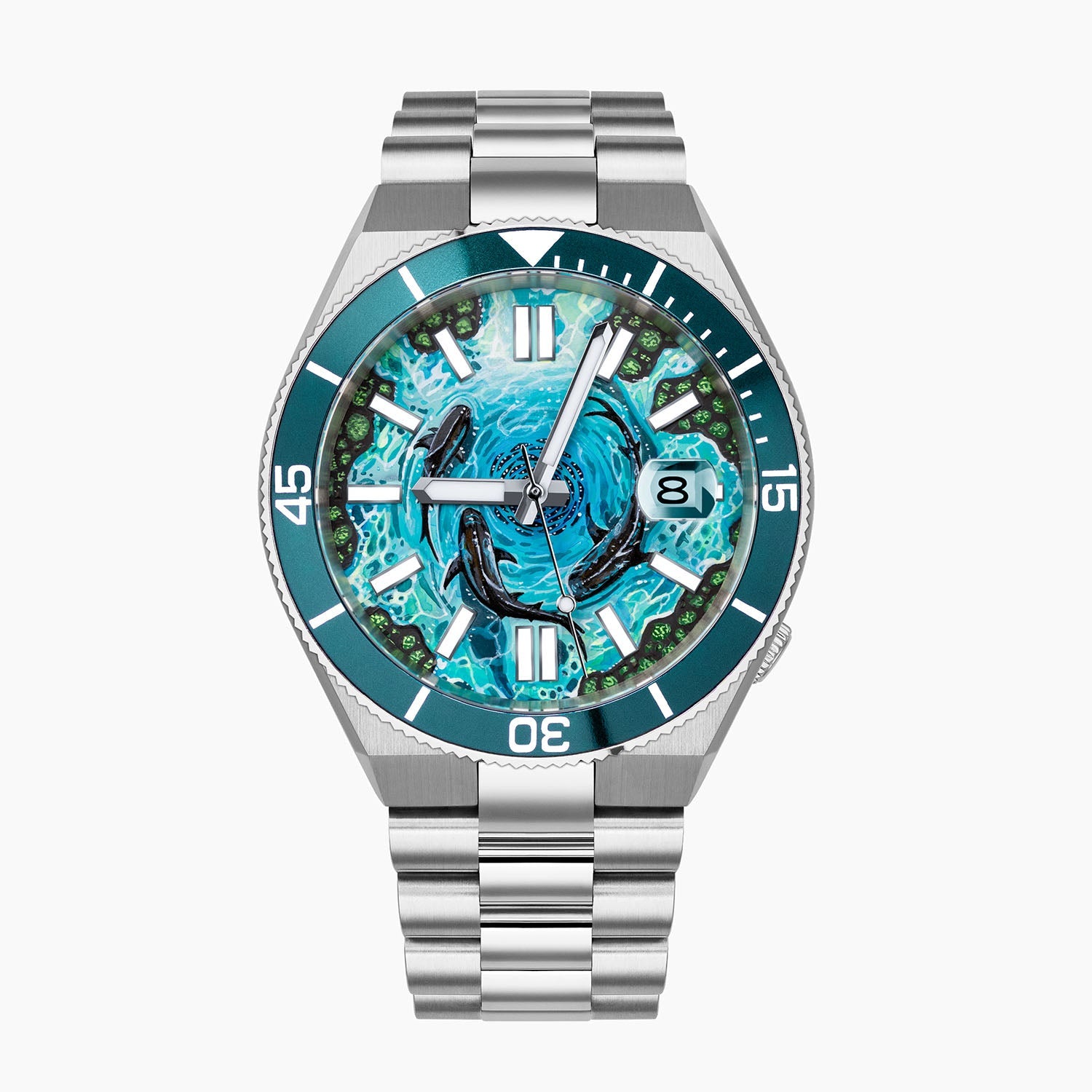 Citizen Tsuyosa Shore Mako — hand-painted underwater scene of a school of fish ringed by three circling sharks on a 40mm stainless steel case with integrated bracelet, limited edition timepiece by IFL Watches.
