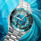 Citizen Tsuyosa Shore Mako — studio view of the hand-painted shark dial and integrated bracelet against an ocean backdrop, limited edition timepiece by IFL Watches.