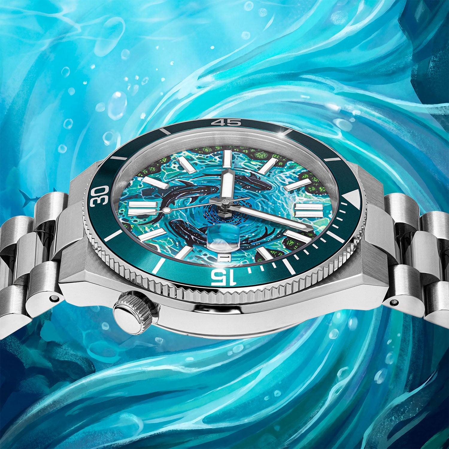 Citizen Tsuyosa Shore Mako — side profile of the 40mm stainless steel case, crown and rotating bezel against a painted-water backdrop, limited edition timepiece by IFL Watches.