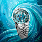 Citizen Tsuyosa Shore Mako — three-quarter studio view of the 40mm steel case, crown and green rotating bezel against a swirling teal water backdrop, limited edition timepiece by IFL Watches.