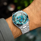 Citizen Tsuyosa Shore Mako on the wrist — angled view of the custom hand-painted shark dial and integrated steel bracelet, limited edition timepiece by IFL Watches.