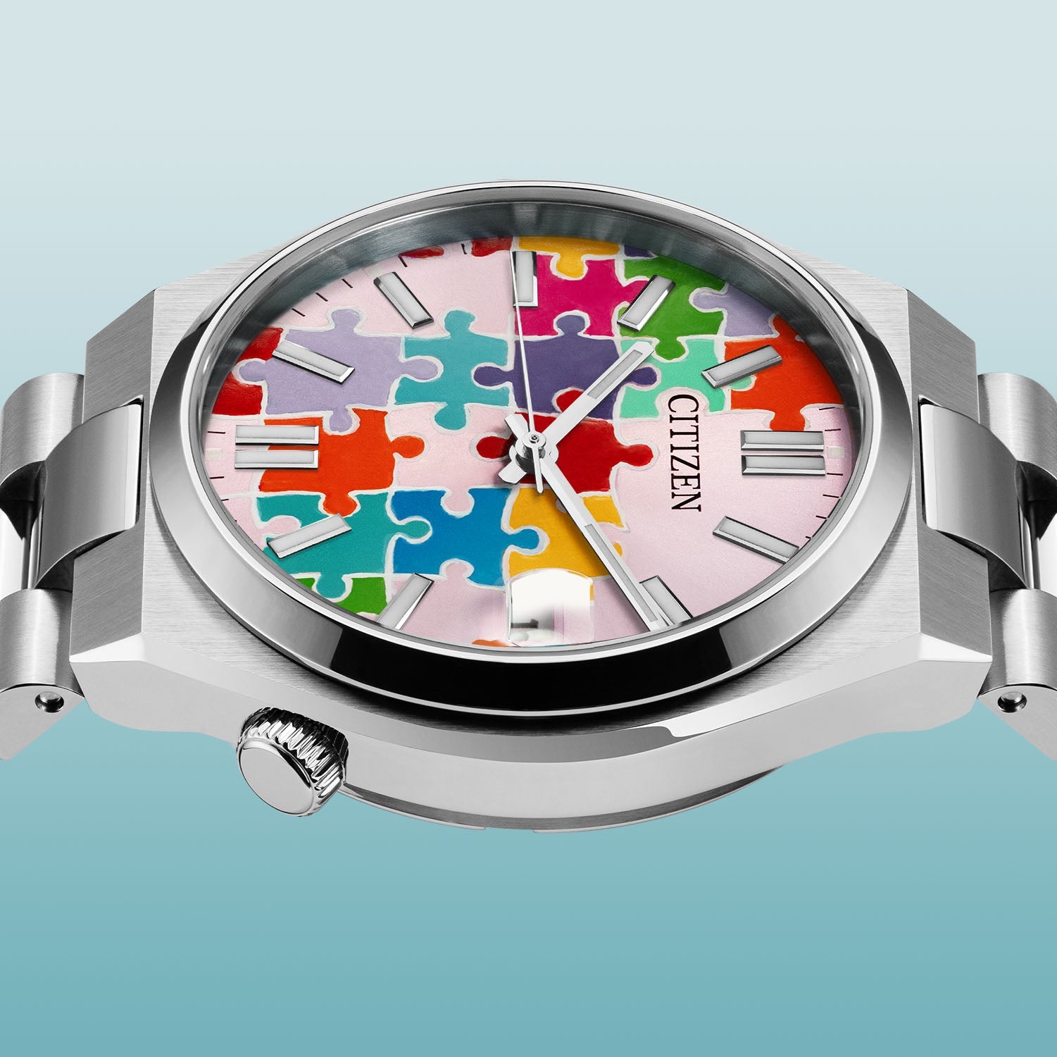 Citizen Tsuyosa 37 Puzzle – Hand-painted custom pastel pink dial with colorful puzzle artwork, limited edition timepiece by IFL Watches