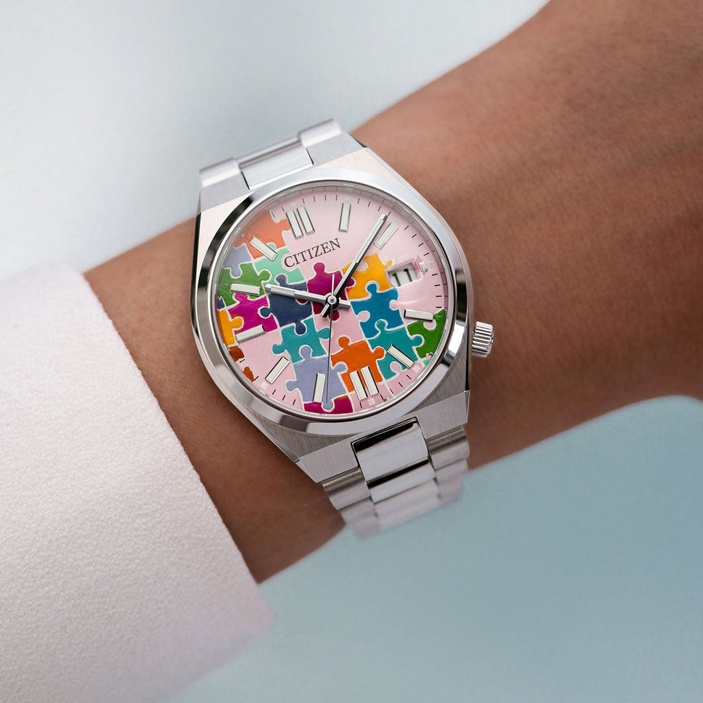 Citizen Tsuyosa 37 Puzzle – Hand-painted custom pastel pink dial with colorful puzzle artwork, limited edition timepiece by IFL Watches