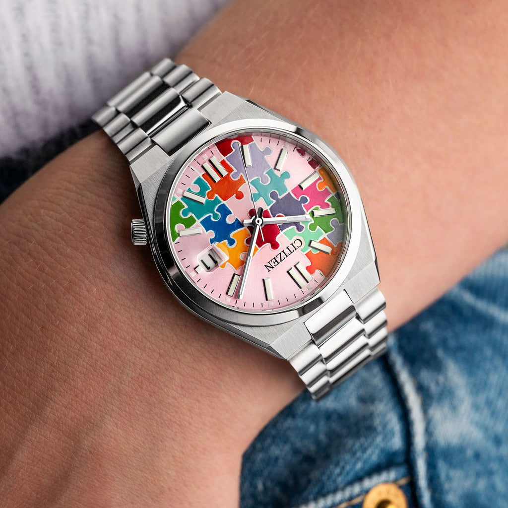 Citizen Tsuyosa 37 Puzzle – Hand-painted custom pastel pink dial with colorful puzzle artwork, limited edition timepiece by IFL Watches