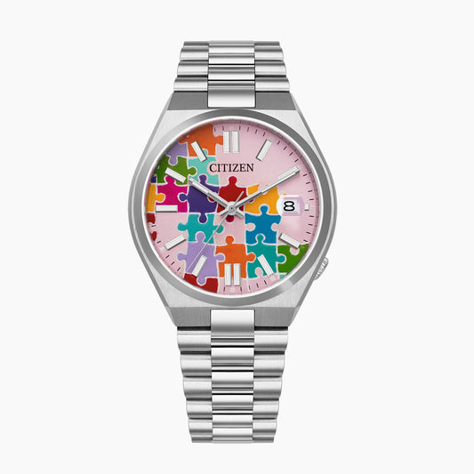 Citizen Tsuyosa 37 Puzzle – Hand-painted custom pastel pink dial with colorful puzzle artwork, limited edition timepiece by IFL Watches