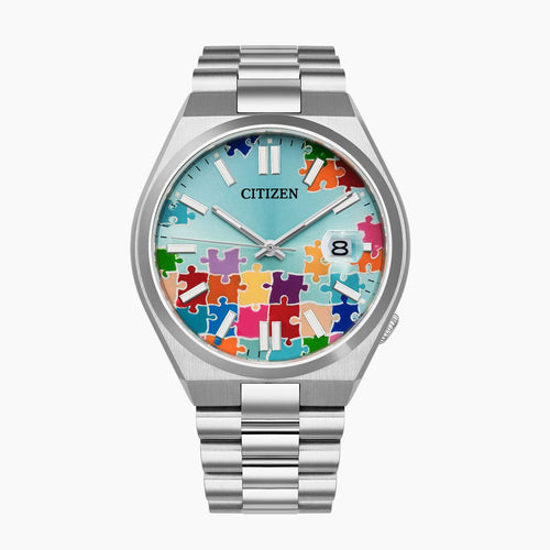 Citizen Tsuyosa 40 Puzzle – Hand-painted custom turquoise blue dial with colorful puzzle artwork, limited edition timepiece by IFL Watches