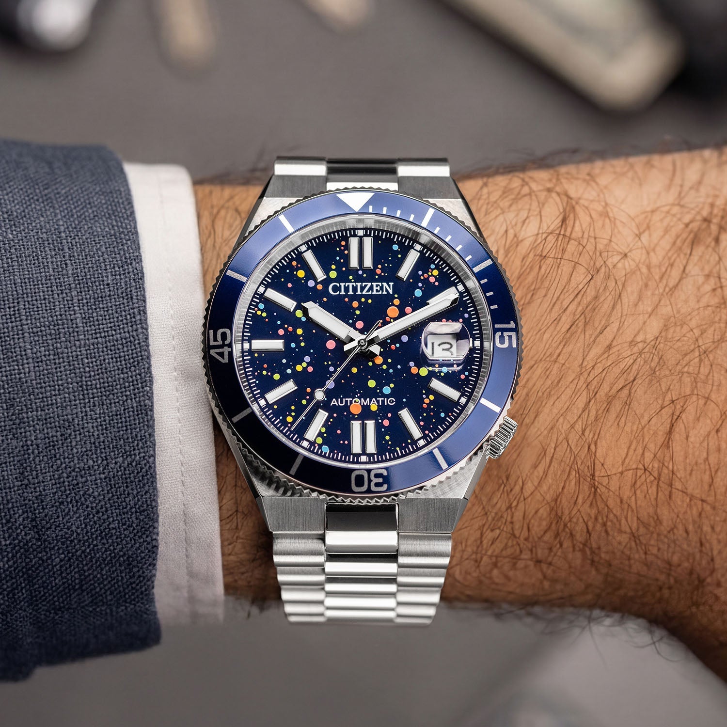 Citizen Tsuyosa Shore Midnight Sky on wrist — close-up of the deep blue pointillism dial and 40mm case, limited edition timepiece by IFL Watches.