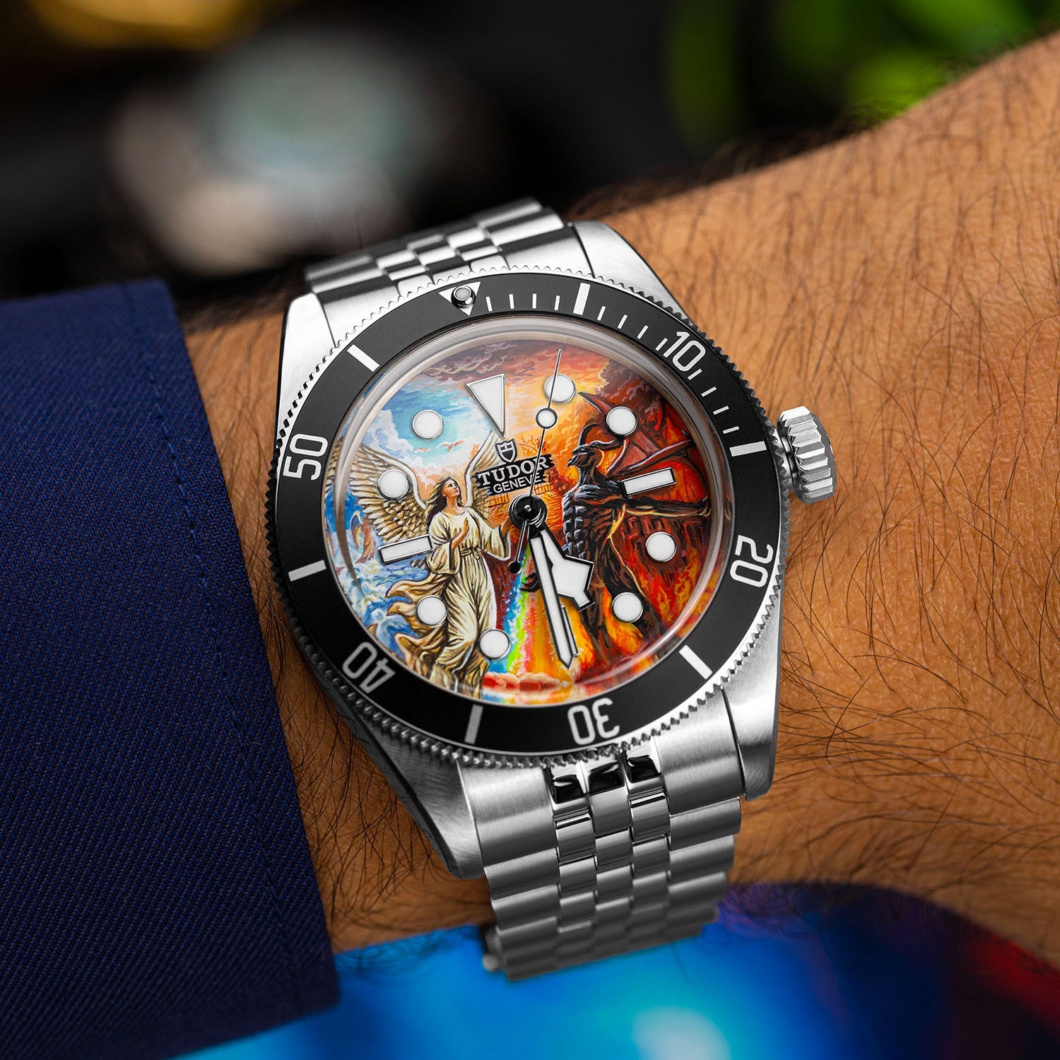 Divine Conflict Concept — Hand-painted custom Tudor Black Bay featuring angel and demon artwork, a bespoke timepiece by IFL Watches