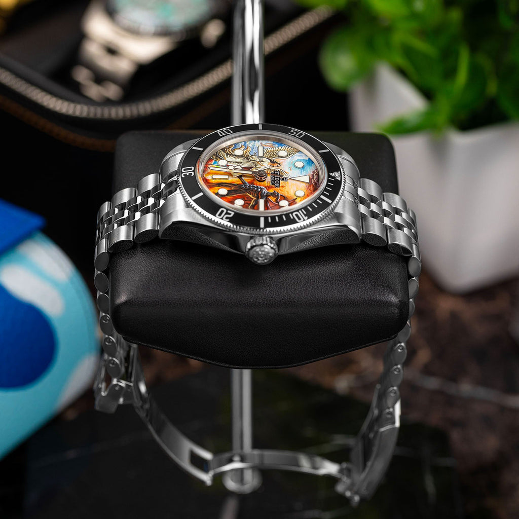 Divine Conflict Concept — Hand-painted custom Tudor Black Bay featuring angel and demon artwork, a bespoke timepiece by IFL Watches