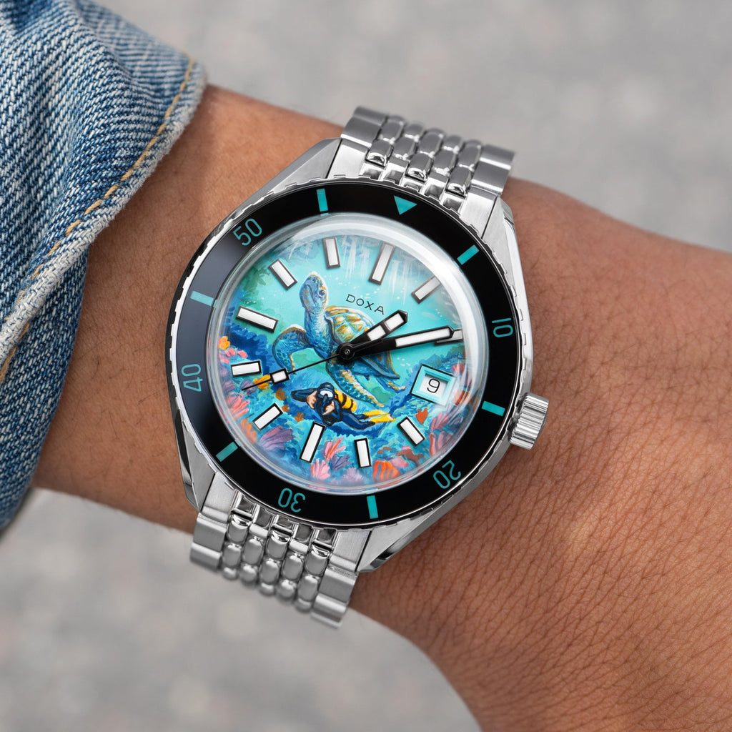 DOXA Aquamarine Reef Turtle – Hand-painted custom DOXA SUB 200 featuring sea turtle and diver artwork, a limited edition diver timepiece by IFL Watches