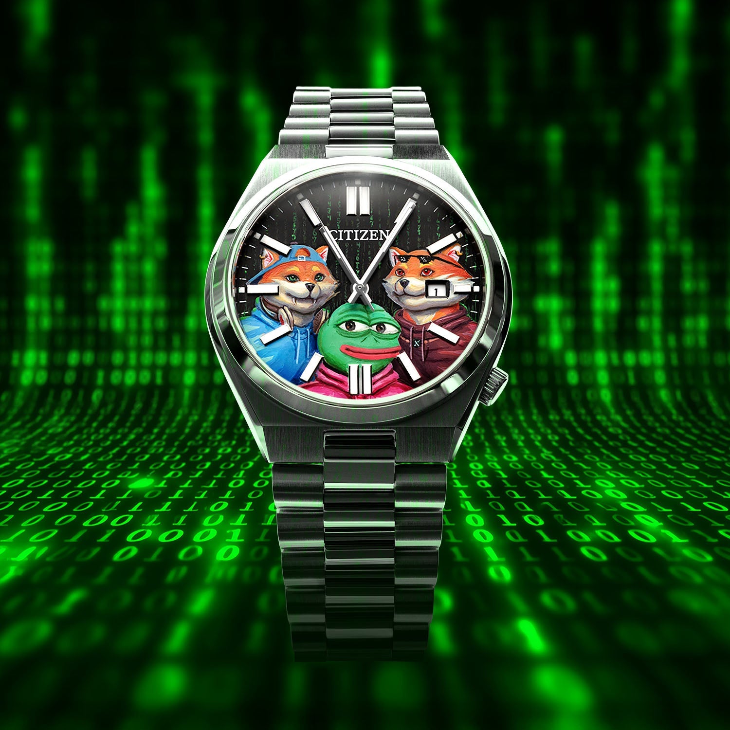 HODL Squad Citizen – Hand-painted custom Tsuyosa watch featuring Doge, Shiba Inu and PEPE meme coins artwork, bespoke timepiece by IFL Watches