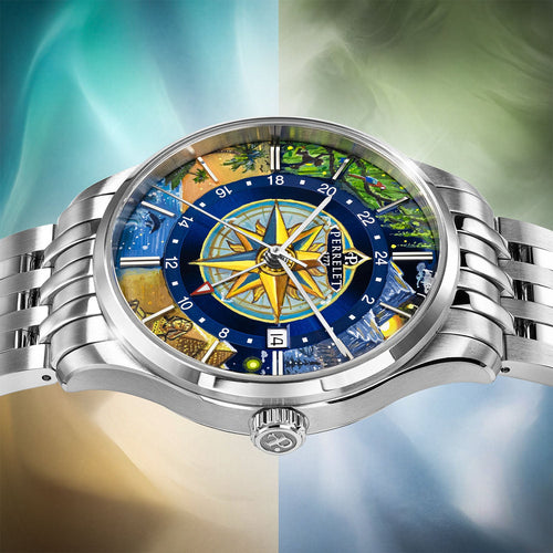 Perrelet Weekend GMT Atlas — dramatic side view of the painted dial and signed crown, the red 24-hour hand crossing the compass rose, limited edition timepiece by IFL Watches.