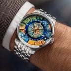 Perrelet Weekend GMT Atlas on the wrist — close tilted view of the compass rose and red second-time-zone hand, limited edition timepiece by IFL Watches.