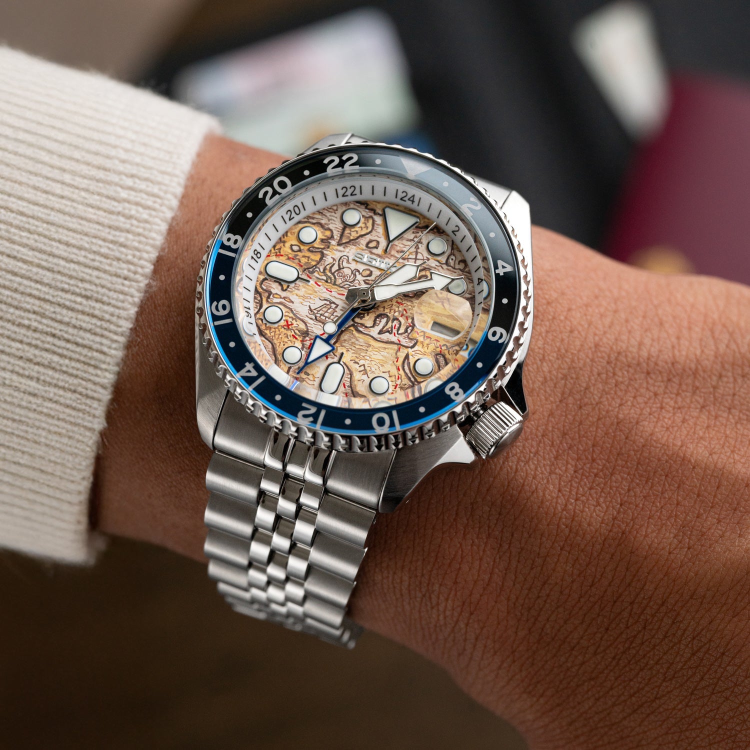 Explorer Concept – Hand-painted custom Seiko 5 GMT featuring ancient map artwork, a limited edition bespoke timepiece by IFL Watches